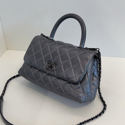 近新品 香奈兒/Chanel Coco Handle銀灰色小號 菱格紋+雙C扣設計 可手提肩背斜背-3