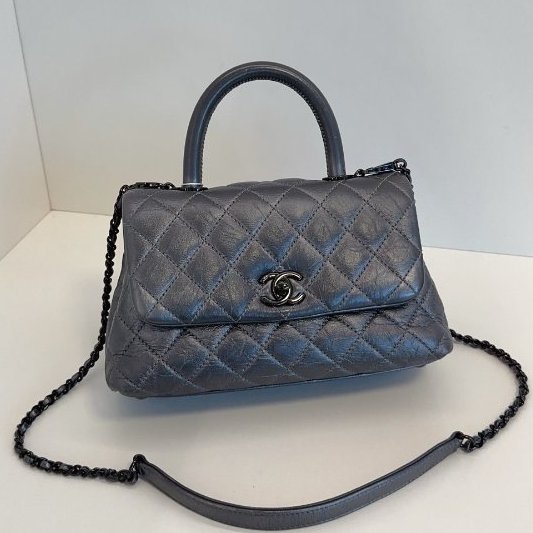 近新品 香奈兒/Chanel Coco Handle銀灰色小號 菱格紋+雙C扣設計 可手提肩背斜背-5