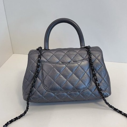 近新品 香奈兒/Chanel Coco Handle銀灰色小號 菱格紋+雙C扣設計 可手提肩背斜背-6