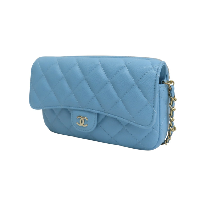 藍色 荔枝紋 牛皮 鏈條 手機包 肩背包【CHANEL 香奈兒】 AP2096-2