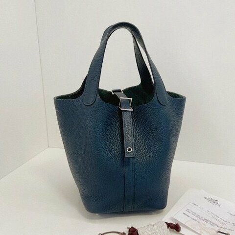 Hermes愛馬仕 鬆柏綠銀扣菜籃子18 手提包