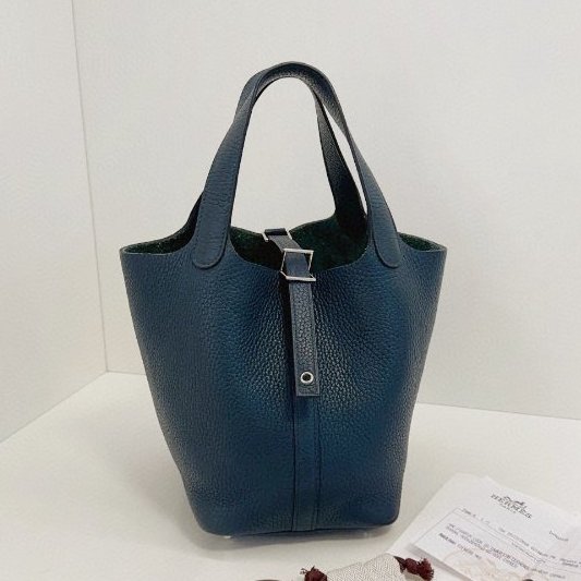 Hermes愛馬仕 鬆柏綠銀扣菜籃子18 手提包-5