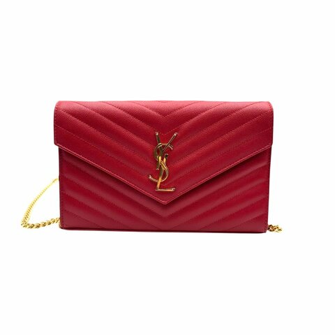 【美收精品】YSL  紅色魚子醬金釦Woc 鍊子錢包鍊包晚宴包 C-193【隔月月中將轉賣至日本 上架期限30天】