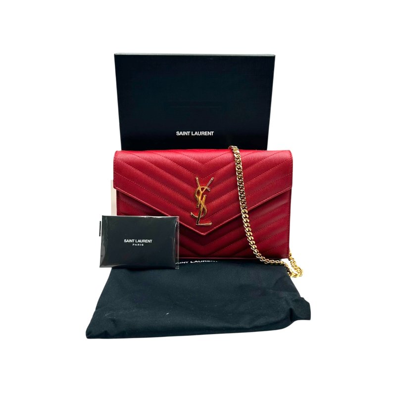 【美收精品】YSL  紅色魚子醬金釦Woc 鍊子錢包鍊包晚宴包 C-193【隔月月中將轉賣至日本 上架期限30天】-16