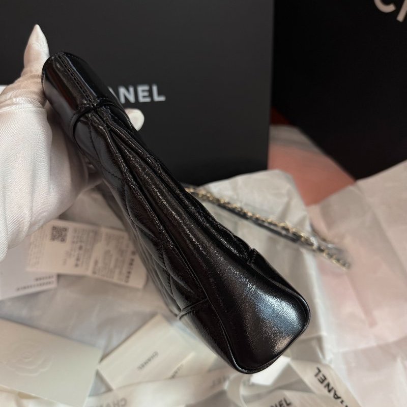 全新品 香奈兒/Chanel 芯片款黑金油蠟羊皮小號 淡金扣菱格紋鏈條包-2