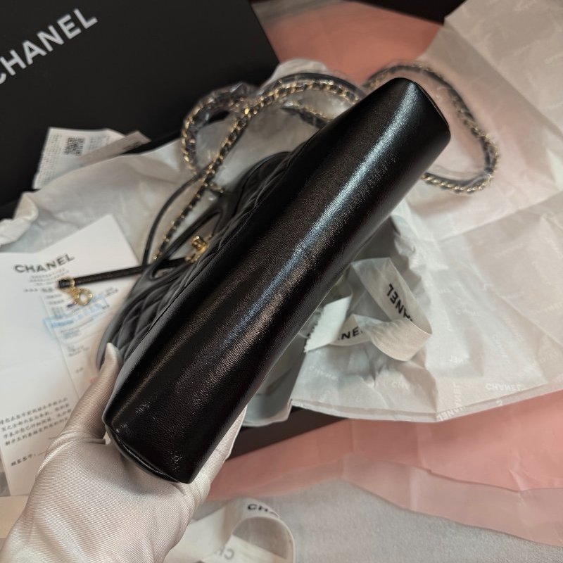 全新品 香奈兒/Chanel 芯片款黑金油蠟羊皮小號 淡金扣菱格紋鏈條包-3