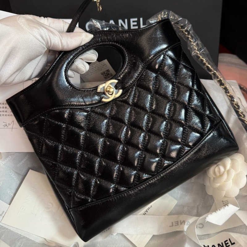 全新品 香奈兒/Chanel 芯片款黑金油蠟羊皮小號 淡金扣菱格紋鏈條包-5