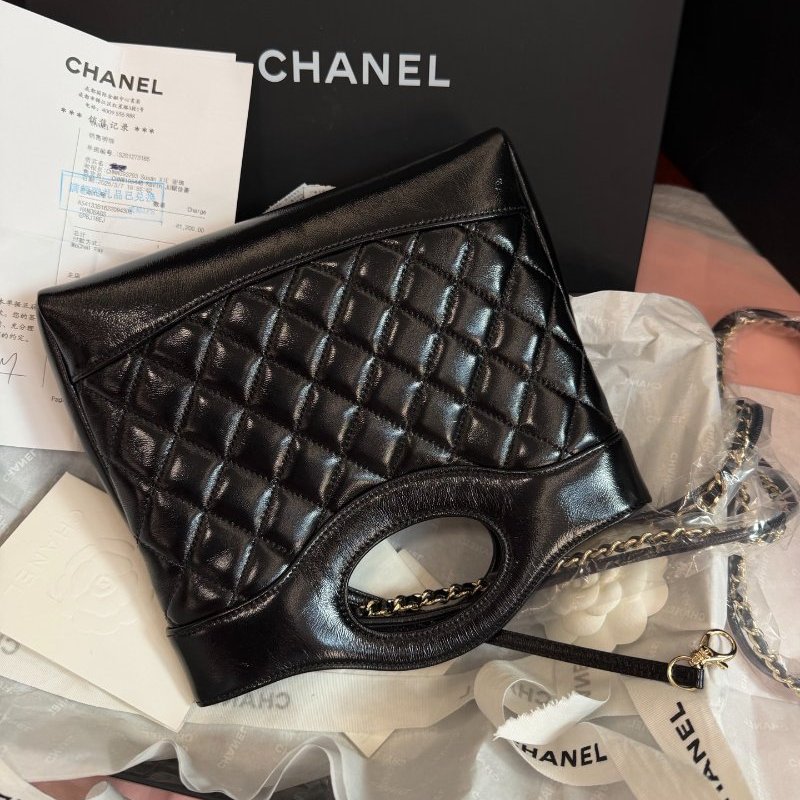 全新品 香奈兒/Chanel 芯片款黑金油蠟羊皮小號 淡金扣菱格紋鏈條包-6