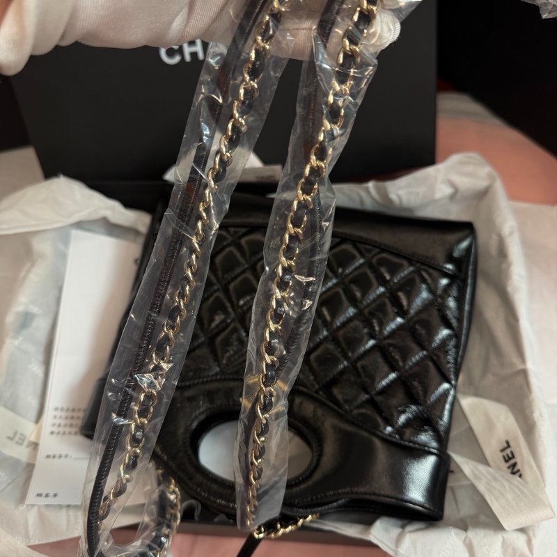 全新品 香奈兒/Chanel 芯片款黑金油蠟羊皮小號 淡金扣菱格紋鏈條包-8