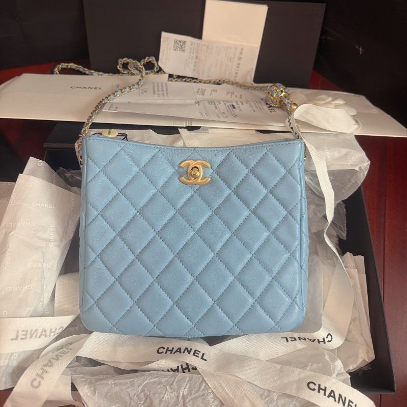 全新保存品 香奈兒/Chanel 新款藍色hobo bag 皮穿核桃調節鏈條包-5