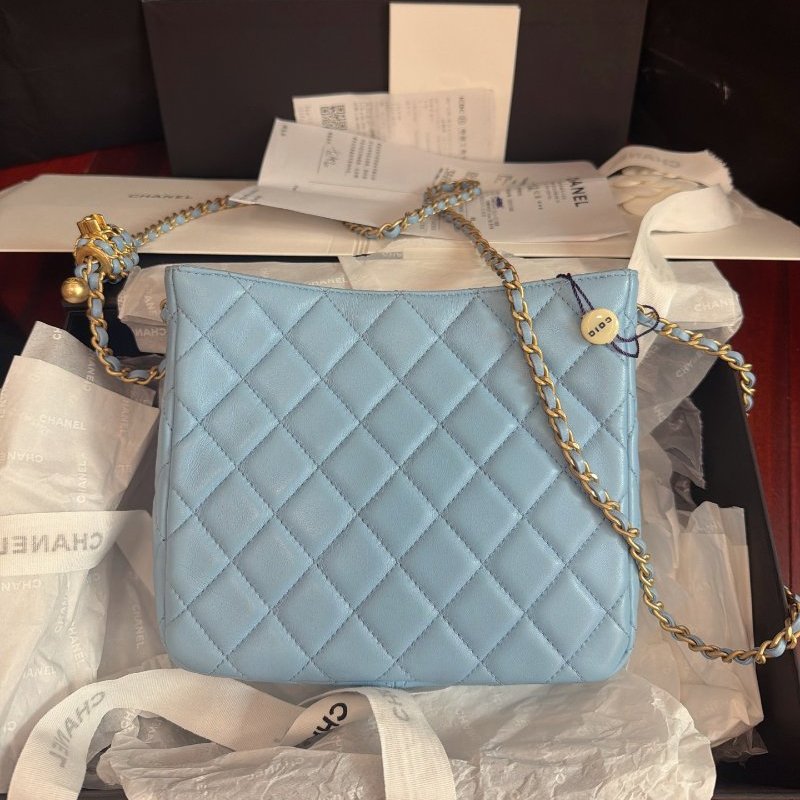 全新保存品 香奈兒/Chanel 新款藍色hobo bag 皮穿核桃調節鏈條包-6