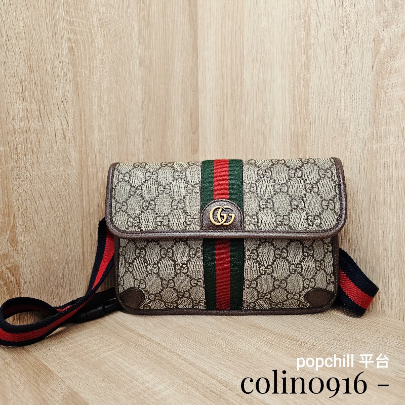 [農曆新年福利回饋🧧] Gucci 老花藍紅藍背帶霧金釦胸口腰包-0