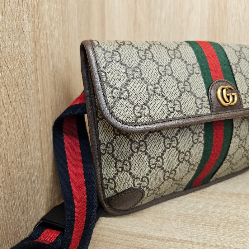 [農曆新年福利回饋🧧] Gucci 老花藍紅藍背帶霧金釦胸口腰包-1