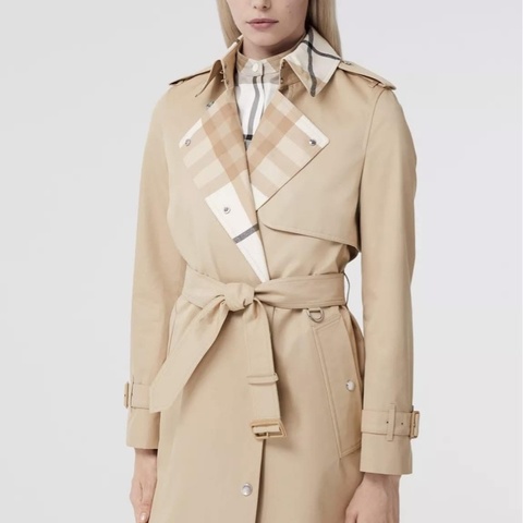 BURBERRY 英國格紋裁片柔黃褐色風衣UK0