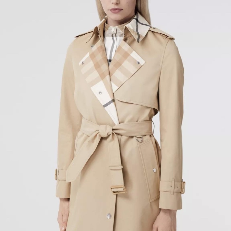 BURBERRY 英國格紋裁片柔黃褐色風衣UK0-0