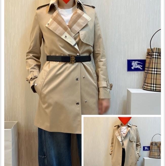 BURBERRY 英國格紋裁片柔黃褐色風衣UK0-2