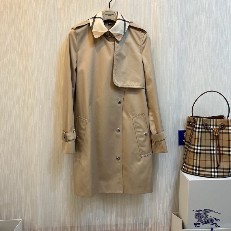 BURBERRY 英國格紋裁片柔黃褐色風衣UK0-3