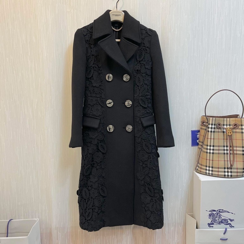 BURBERRY PRORSUM英國黑色蕾絲羊絨大衣38-5
