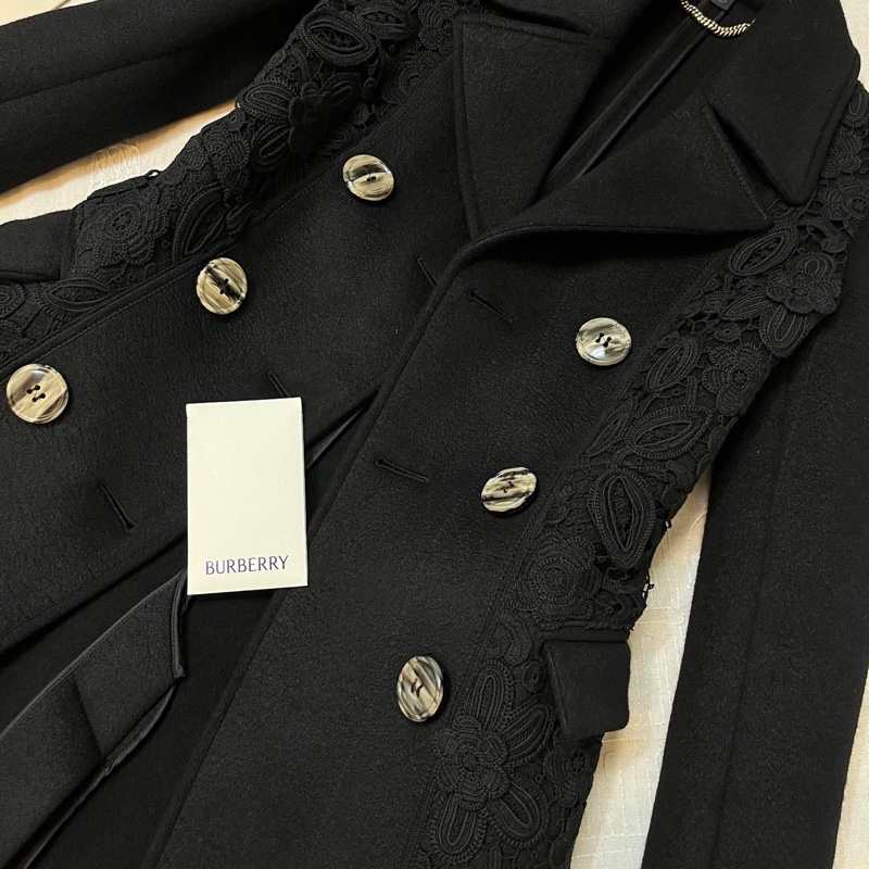 BURBERRY PRORSUM英國黑色蕾絲羊絨大衣38-10