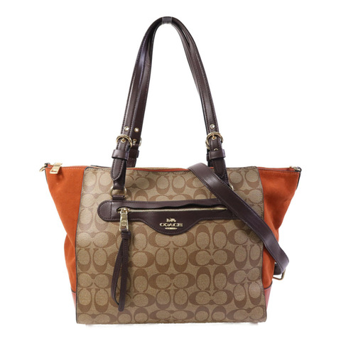 COACH 塗層帆布/麂皮皮革2 Way Shoulder Bag金扣手挽肩背兩用袋
