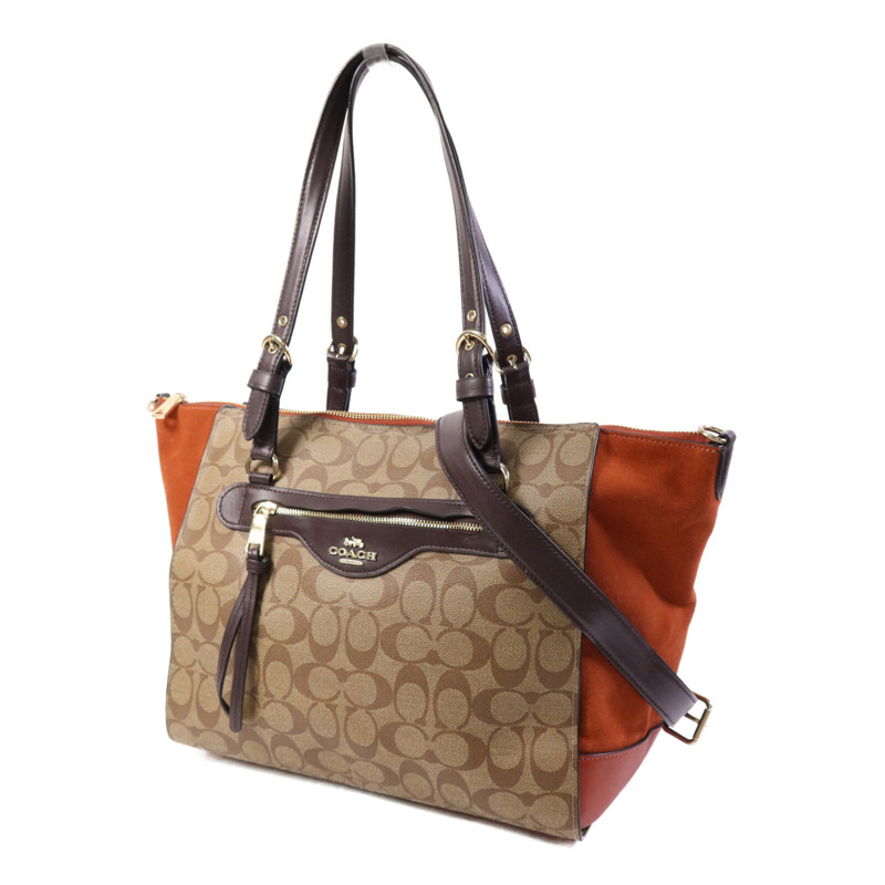 COACH 塗層帆布/麂皮皮革2 Way Shoulder Bag金扣手挽肩背兩用袋-2