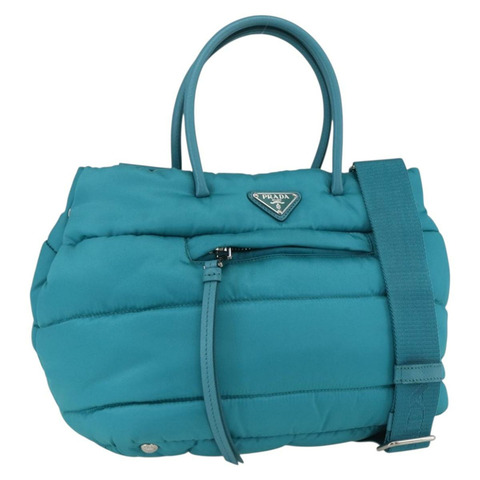 PRADA 飛行員手提包 尼龍 2way Turquoise Blue Silver Auth ka1635SAM