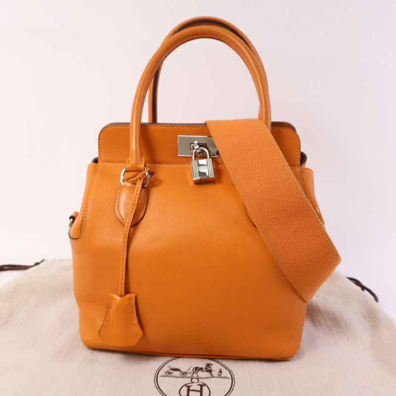 HERMES Clemence皮革Tool Box 20銀扣手挽肩背兩用袋Orange-9