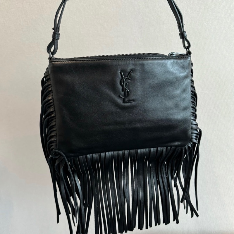 「JL精品代購」98新 Ysl 黑色流蘇單肩包-0