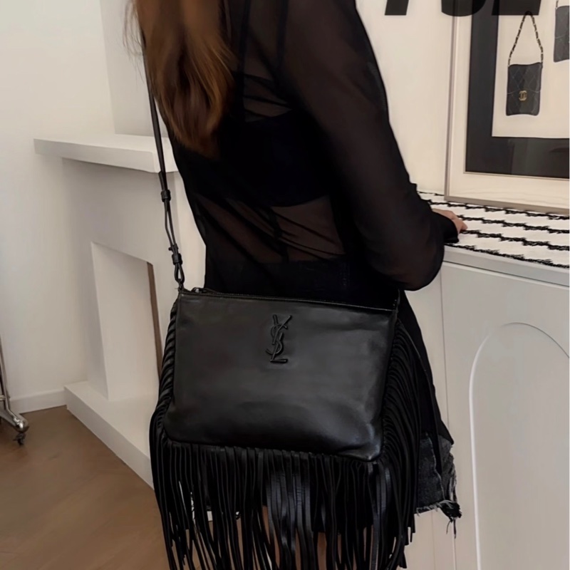 「JL精品代購」98新 Ysl 黑色流蘇單肩包-1