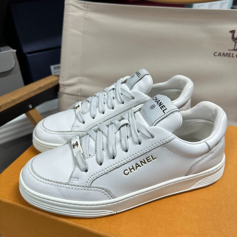 CHANEL香奈兒 時尚系帶 耐磨 低幫 板鞋白色金標 38碼-4