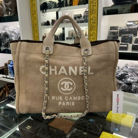 東區正精品㊣CHANEL A66941 奶茶色帆布海灘包沙灘手提包斜背包兩用包托特包型 RZ6196