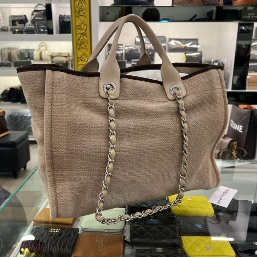 東區正精品㊣CHANEL A66941 奶茶色帆布海灘包沙灘手提包斜背包兩用包托特包型 RZ6196-6
