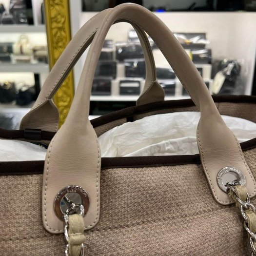 東區正精品㊣CHANEL A66941 奶茶色帆布海灘包沙灘手提包斜背包兩用包托特包型 RZ6196-7