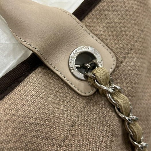 東區正精品㊣CHANEL A66941 奶茶色帆布海灘包沙灘手提包斜背包兩用包托特包型 RZ6196-9
