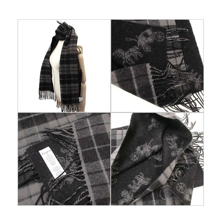 【COACH】雙面黑灰格紋經典馬車羊毛圍巾-1