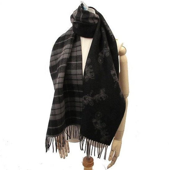 【COACH】雙面黑灰格紋經典馬車羊毛圍巾-3