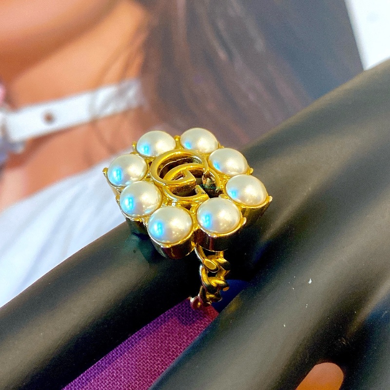 GUCCI 古馳 645686 復古金 仿舊金屬 雙Ｇ 珍珠花型 戒指 精品戒指 Ｓ號-1