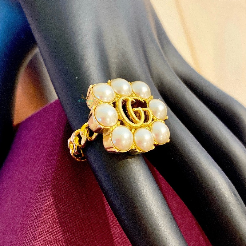 GUCCI 古馳 645686 復古金 仿舊金屬 雙Ｇ 珍珠花型 戒指 精品戒指 Ｓ號-2
