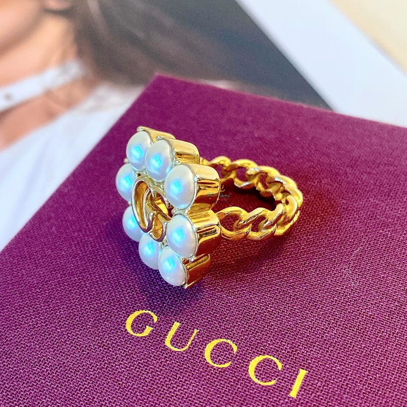 GUCCI 古馳 645686 復古金 仿舊金屬 雙Ｇ 珍珠花型 戒指 精品戒指 Ｓ號-3