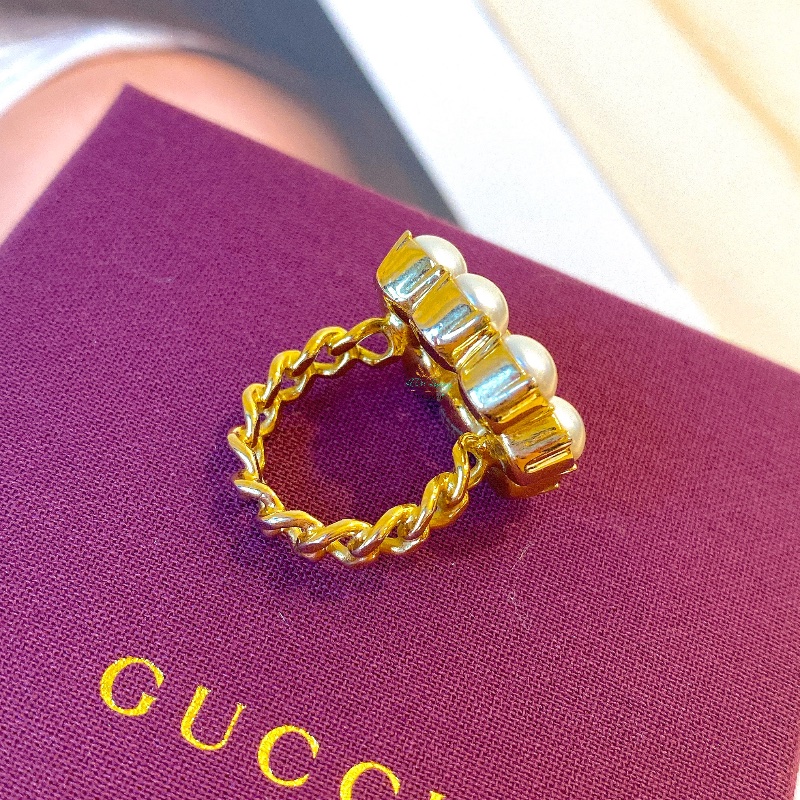 GUCCI 古馳 645686 復古金 仿舊金屬 雙Ｇ 珍珠花型 戒指 精品戒指 Ｓ號-6