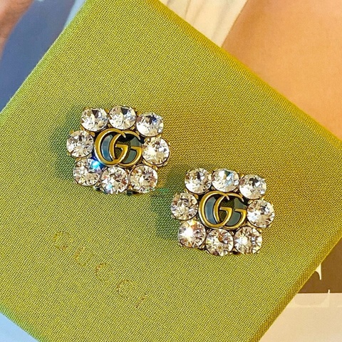 GUCCI 古馳 645684 復古金 仿舊金屬 雙Ｇ 水晶 花型 夾式耳環 精品耳環