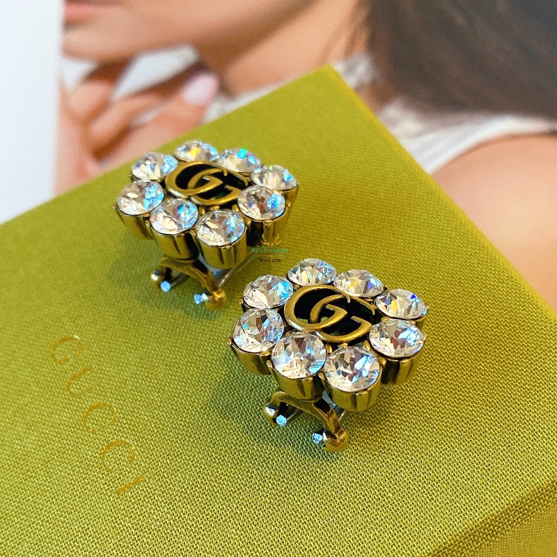 GUCCI 古馳 645684 復古金 仿舊金屬 雙Ｇ 水晶 花型 夾式耳環 精品耳環-1