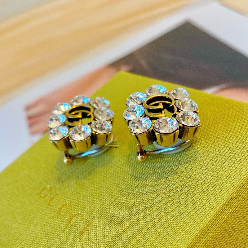 GUCCI 古馳 645684 復古金 仿舊金屬 雙Ｇ 水晶 花型 夾式耳環 精品耳環-2