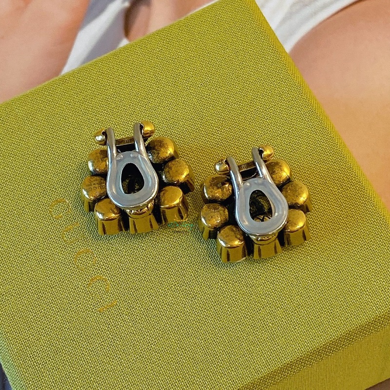 GUCCI 古馳 645684 復古金 仿舊金屬 雙Ｇ 水晶 花型 夾式耳環 精品耳環-4