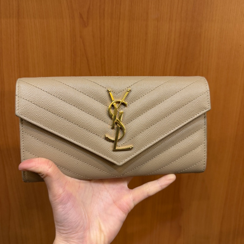 YSL 深米色魚子醬牛皮下蓋12卡長夾-0