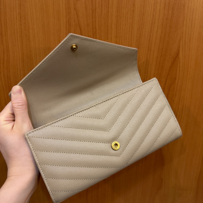 YSL 深米色魚子醬牛皮下蓋12卡長夾-9