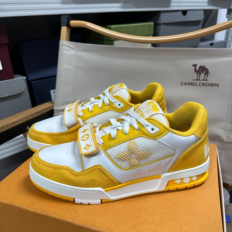 LOUIS VUITTON Trainer 皮革魔術貼白黃 牛仔布41碼-4
