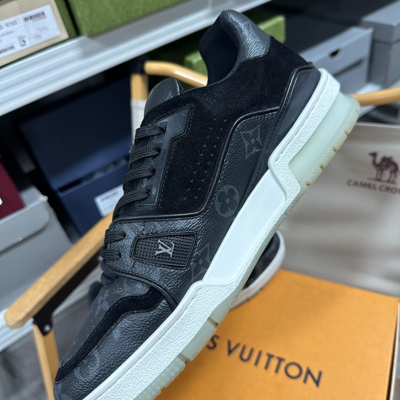 LOUIS VUITTON Trainer 圓頭系帶低幫時尚板鞋黑老花 40.5碼-5