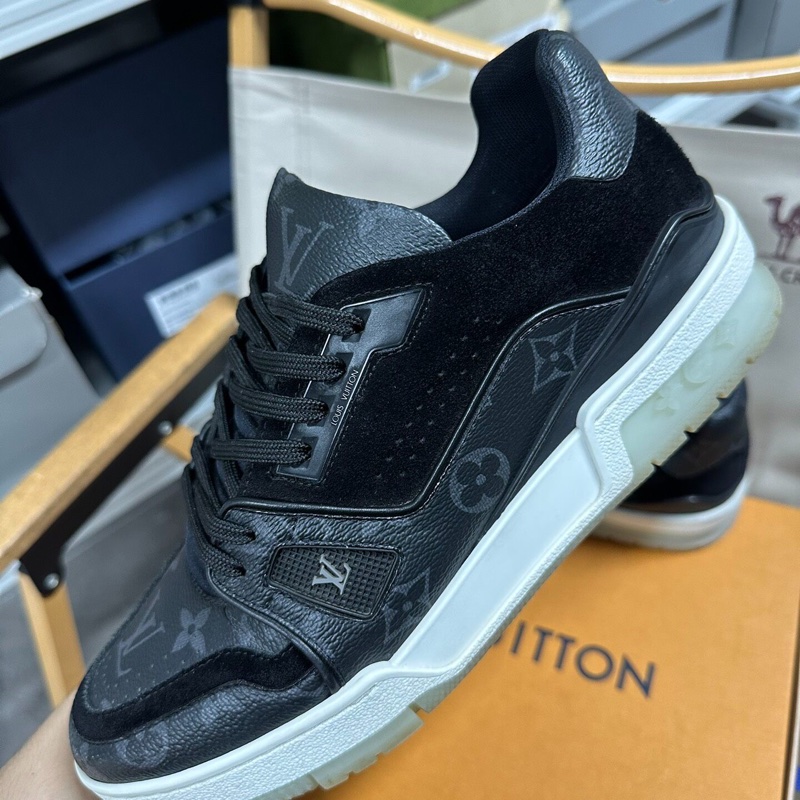 LOUIS VUITTON Trainer 圓頭系帶低幫時尚板鞋黑老花 40.5碼-7