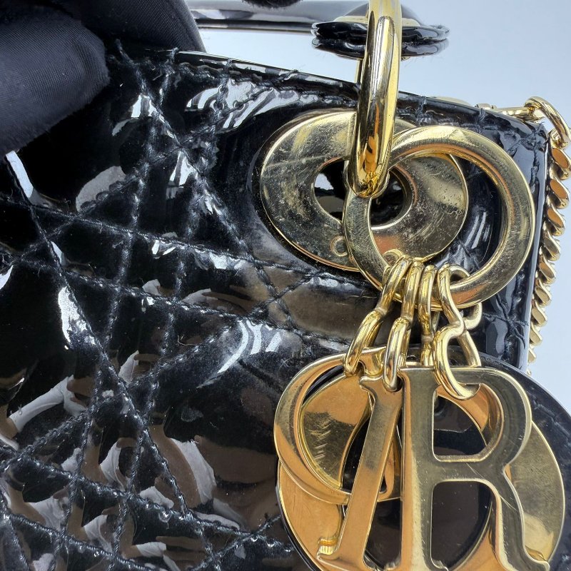 迪奥 黑金漆皮三格戴妃包-16